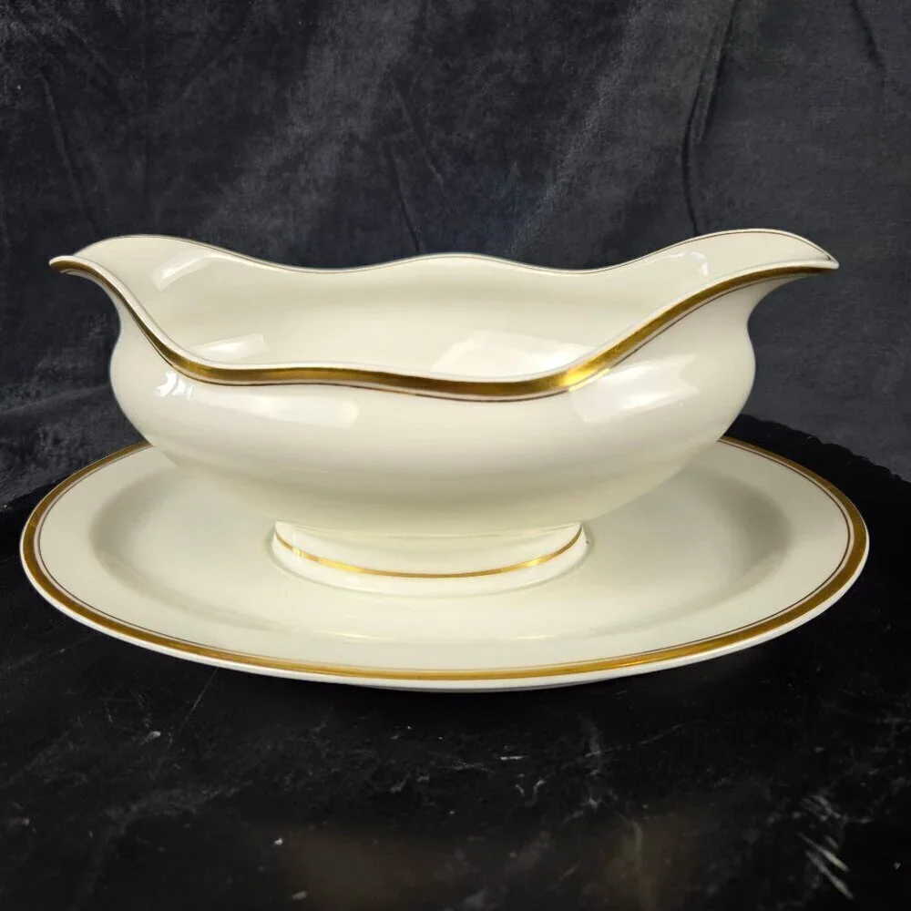 Haviland Limoges Gravy Boat with Underplate Attached Cream w/ Gold Accents Vtg